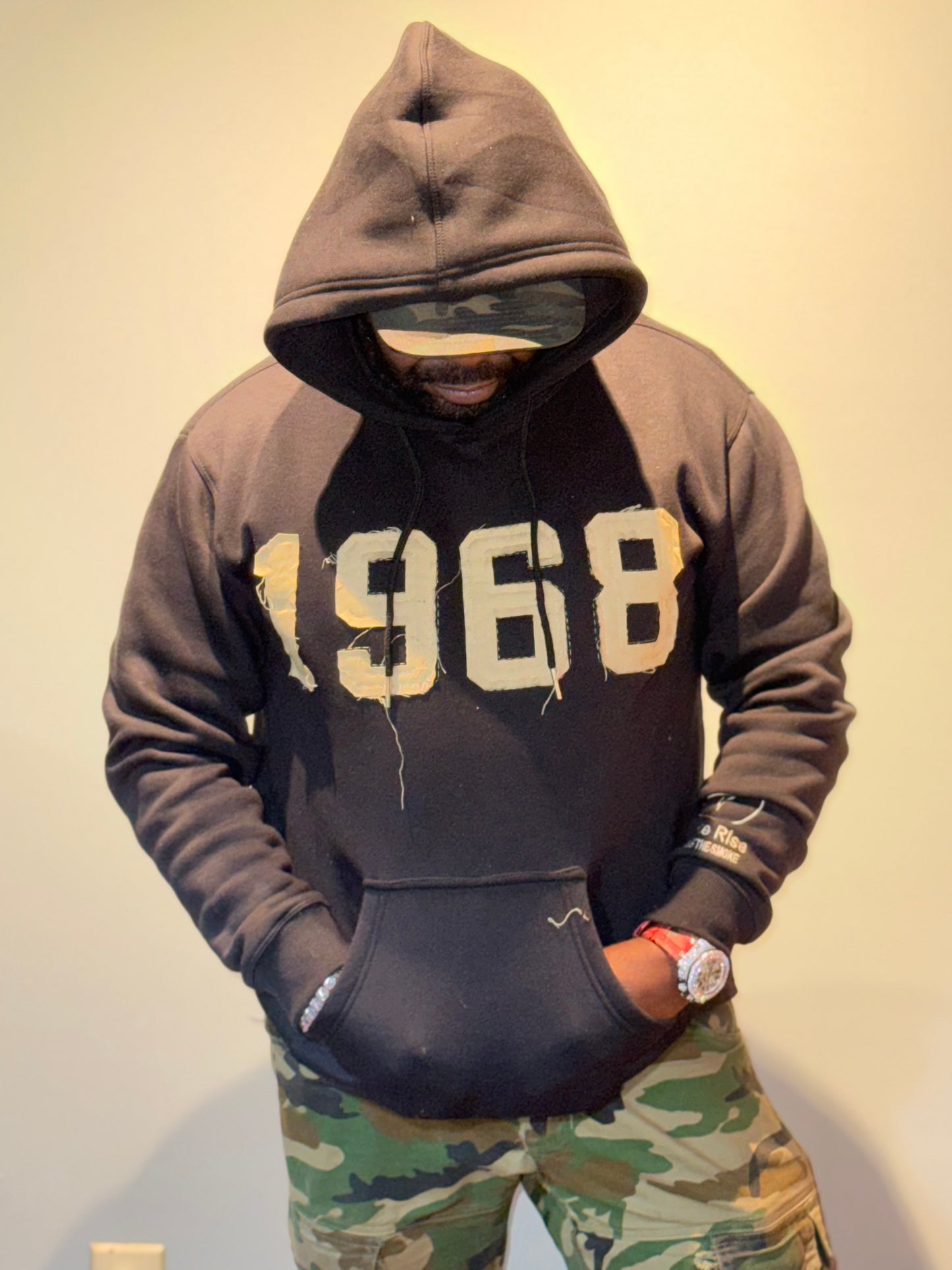 Long Sleeve Distressed "1968" Hoodie Black