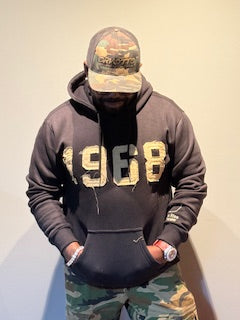 Long Sleeve Distressed "1968" Hoodie Black